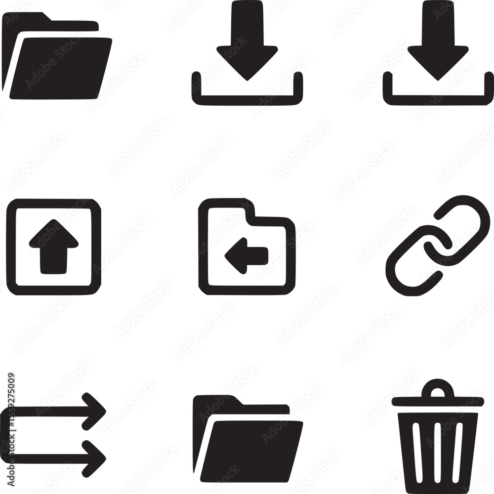 Poster a collection of nine black and white icons representing various file management and navigation optio