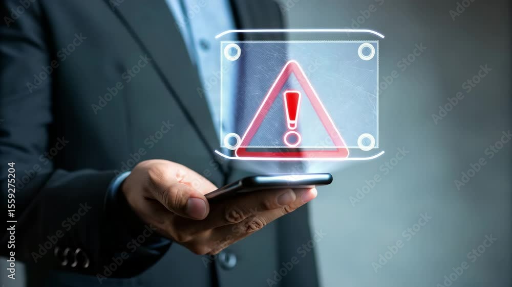 Poster man holding phone with a digital warning sign displayed above the device in his hand indoors
