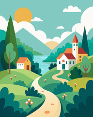 Naklejka premium The only commute being a short walk through the village taking in the sights and sounds of nature.. Vector illustration