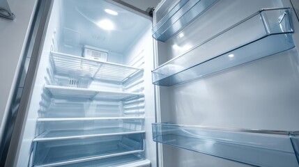 Obraz premium Close-up of an open, empty refrigerator with modern shelving