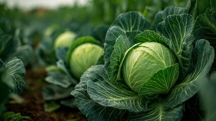 Obraz premium Close-up of green cabbage heads growing under the sun in a field
