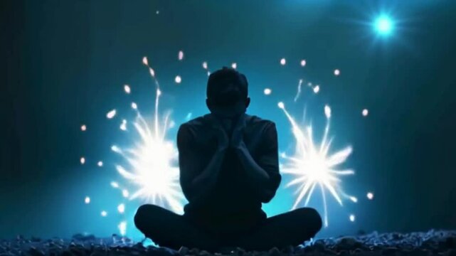 Man in meditation with glowing light emitting above his head, set against a dark background, symbolizing inner peace, enlightenment, and spirituality in a tranquil setting.