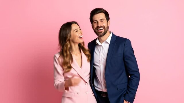Stylish Couple Portraits in Pink and Blue Suits with Gleeful Expression