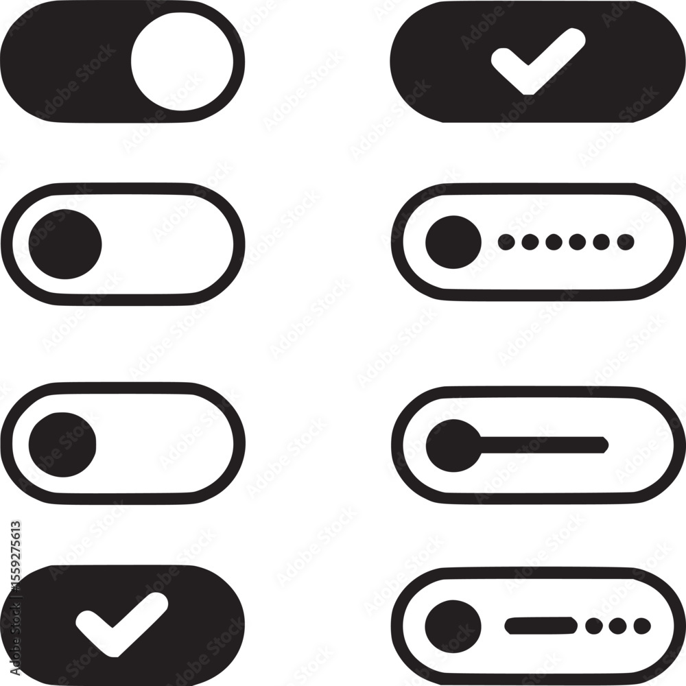 Poster a collection of eight toggle switch icons in black and white displaying different states and symbols