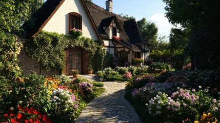 Charming cottage enveloped by vibrant blossoms, showcasing serene beauty and inviting warmth in a picturesque garden setting.