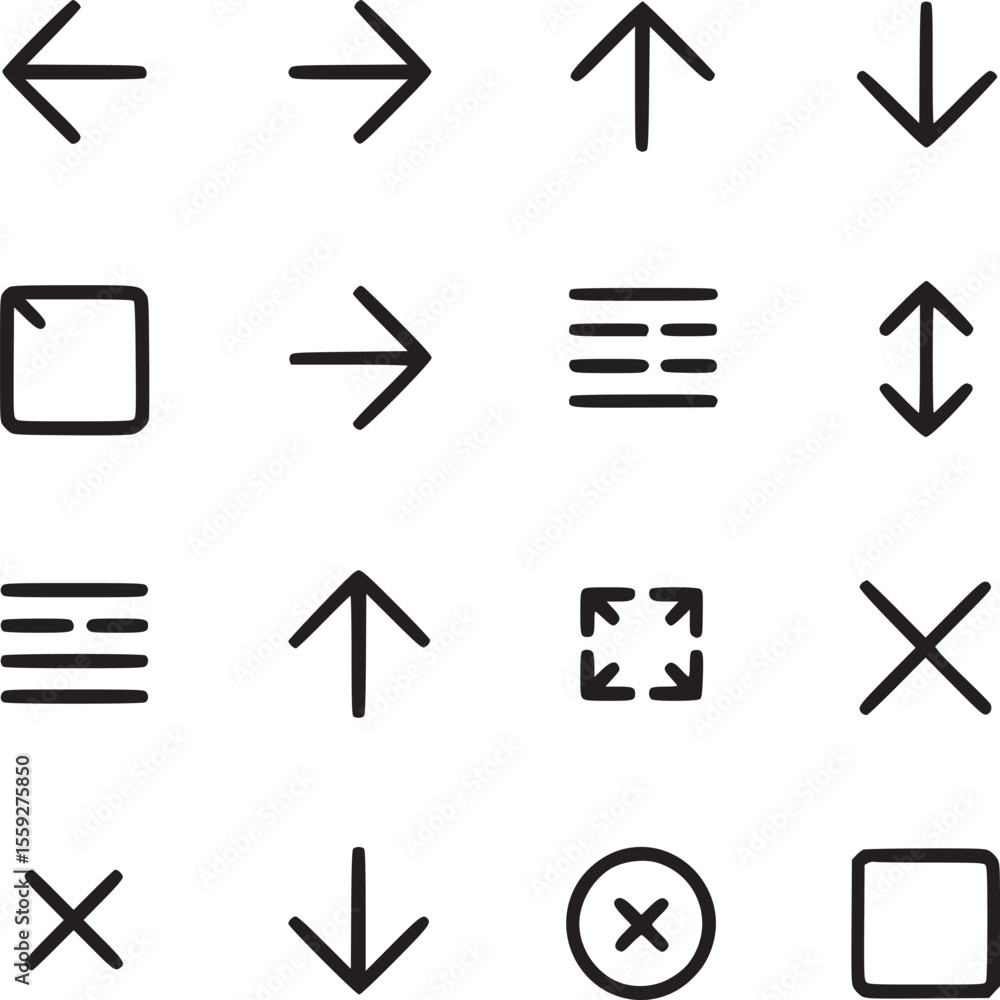 Poster a collection of sixteen simple black line icons arranged in a four by four grid on a light backgroun