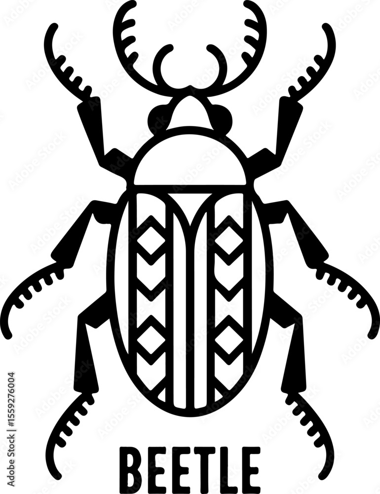 Poster stylized black beetle with intricate patterns and text insect white