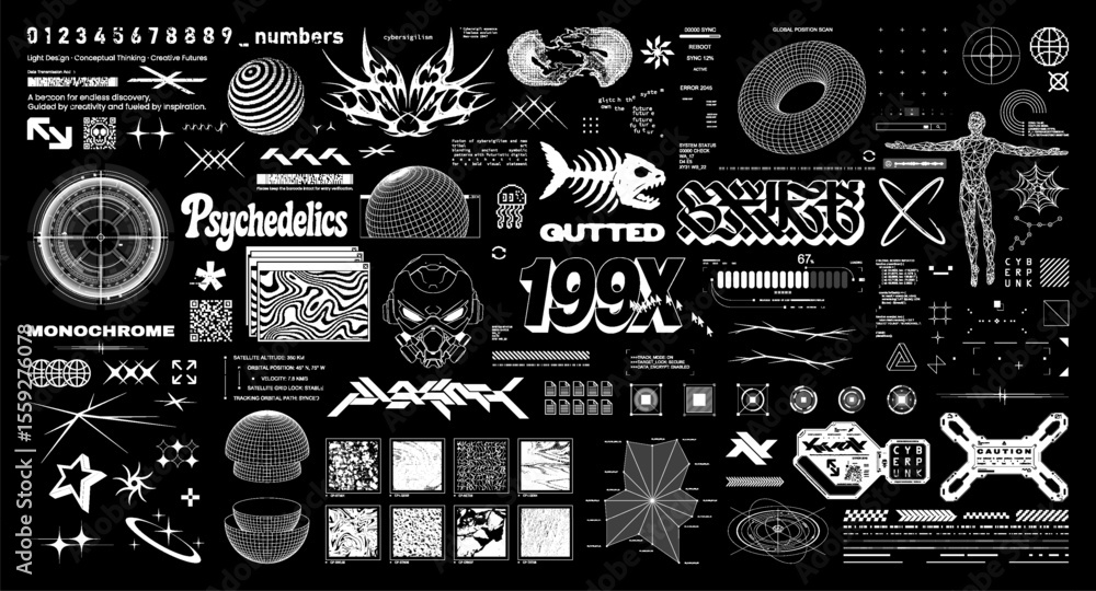 Poster futuristic brutalism graphic box for streetwear, typography, prints t-shirt. y2k and hud elements in