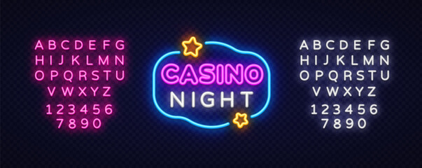 Neon sign with casino night lettering in pink and white, surrounded by glowing stars and curved frame. Includes two full alphabet sets in modern style.
