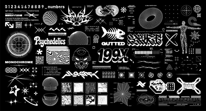 Futuristic brutalism graphic box for streetwear, typography, prints t-shirt. Y2K and HUD elements in retrofuturistic set with 3D wireframes shapes, digital lettering, cyberpunk elements. Vector set