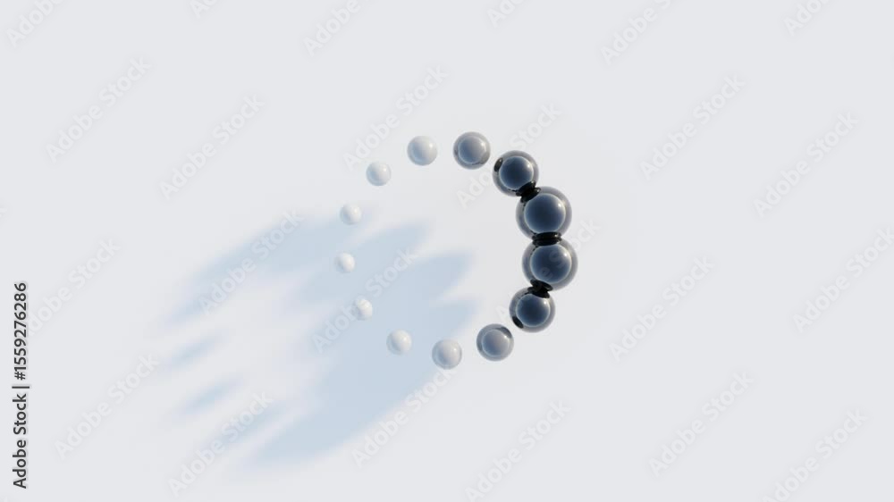 Poster white spheres forming a circle – transitioning size and color to black on white background