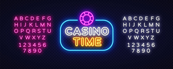  Neon phrase casino time with glowing chip icon above text. Surrounded by full pink and white alphabets for stylish gaming or betting materials.