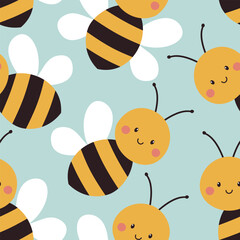 Cute bees seamless pattern. Vector illustration on blue background. It can be used for wallpapers, wrapping, cards, patterns for clothes and other.