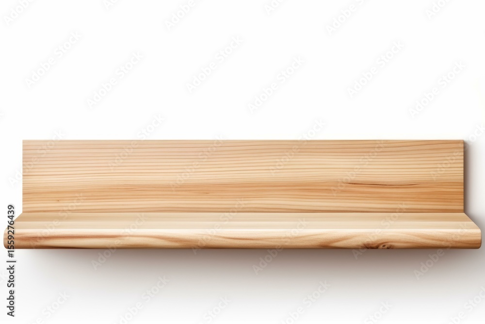 Poster empty light wooden shelf hanging on a white wall, creating a minimalist display space for products o