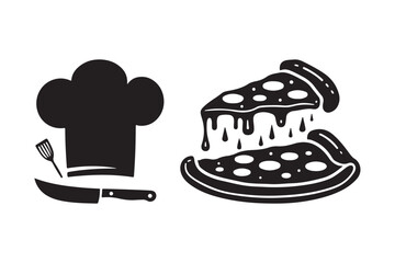 Chef s hat and utensils next to dripping pizza slices icon