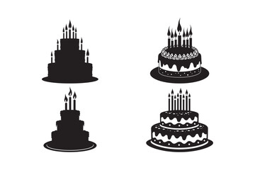 Collection of black silhouette birthday cakes with lit candles