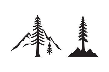 Stylized black silhouette of pine trees and mountains on white background