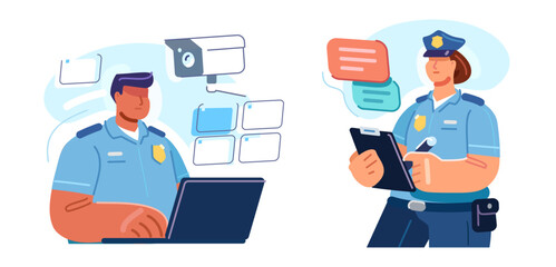 Police officer using video surveillance. Law enforcement, representative of state security. Protection rights, control