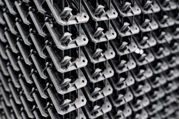 3d polymer printed machinery components, arranged in a large complex structure, image for abstract automation background