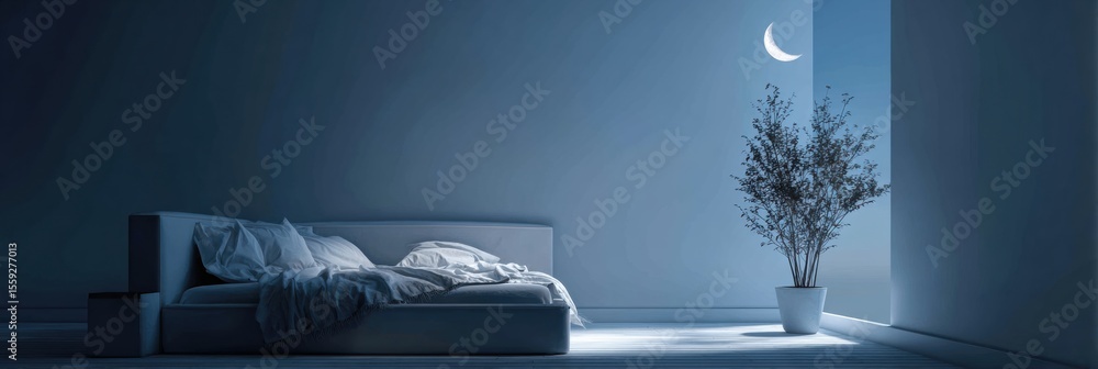 Poster serene bedroom with moonlight creating a calming atmosphere for rest and sleep hygiene during the la