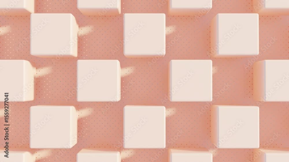 Poster peach colored 3d cubes transforming softly into rounded spheres and reverting in seamless loop for m