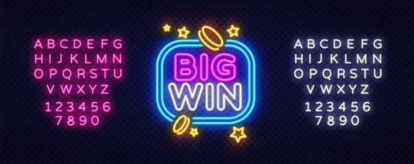 Bright neon big win lettering with golden coins and stars surrounded by outlined box. Two full alphabets in glowing styles for casino promo visuals.