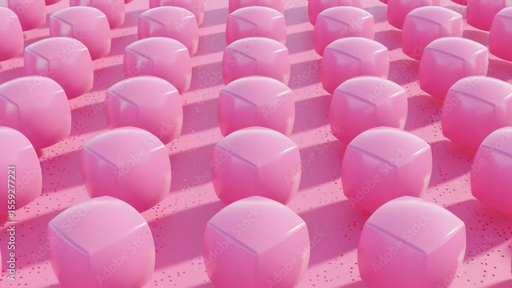 Poster pink 3d cubes morphing smoothly into spheres and back in continuous loop animation for abstract back