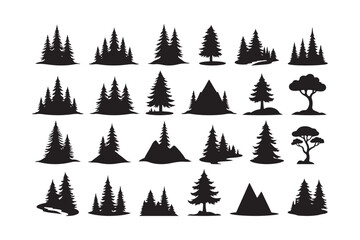 Obraz premium Collection of black silhouette trees and mountains on a white background