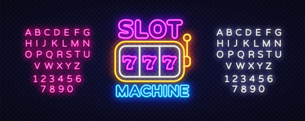 Neon sign slot machine with triple 777 on reels, side lever, and vibrant lighting. Full alphabet collection in glowing styles on both sides.