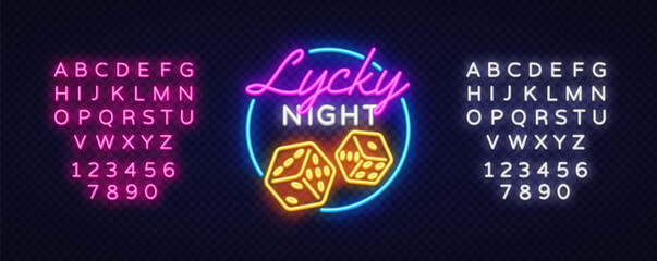 Neon composition with glowing text lycky night, dice icon and full alphabet set in pink and white. Casino-style letters with modern retro atmosphere on dark background.