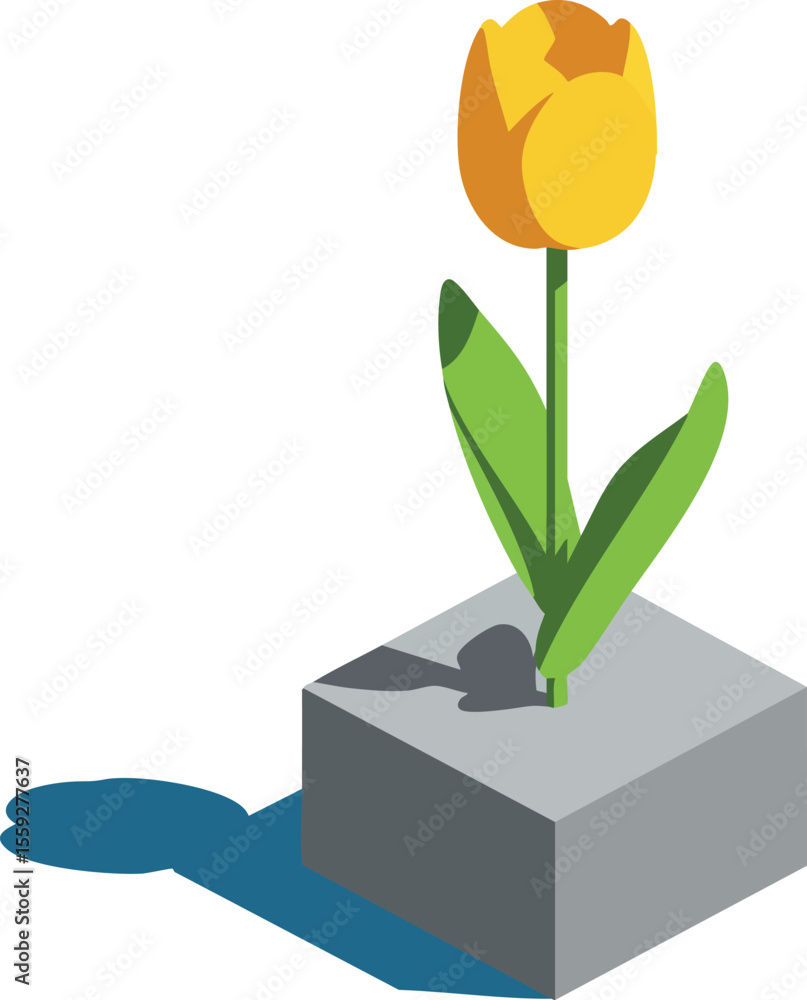 Poster yellow tulip flower growing from gray concrete block with shadow minimalist vector design