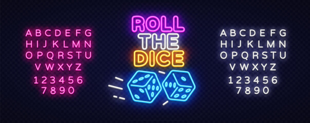 Neon sign roll the dice with glowing blue dice, vibrant typography, and movement lines. Includes alphabet and digits in two neon color styles.