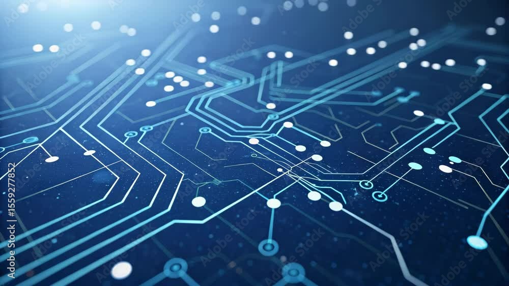 Poster close up of a blue circuit board with white lines and dots in a tech abstract design