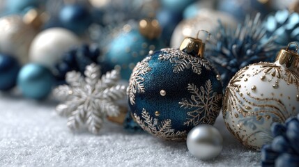 Festive christmas ornaments and pine cones decorate a snowy surface, with sparkling lights in the background