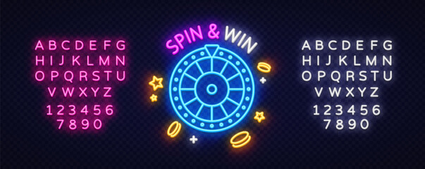 Neon sign spin and win with roulette wheel, flying coins and star symbols. Surrounded by glowing font sets for promotional casino design.