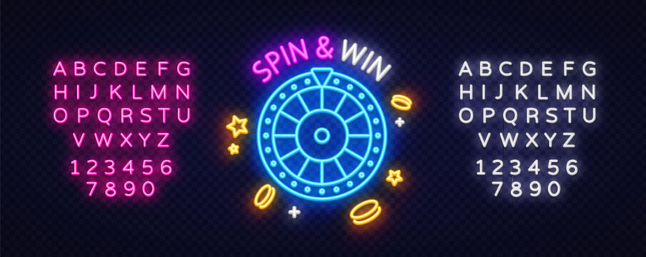 Neon sign spin and win with roulette wheel, flying coins and star symbols. Surrounded by glowing font sets for promotional casino design.