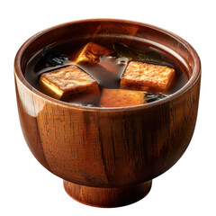 Delicious wooden bowl filled with savory broth and tofu cubes, showcasing warm and inviting meal experience