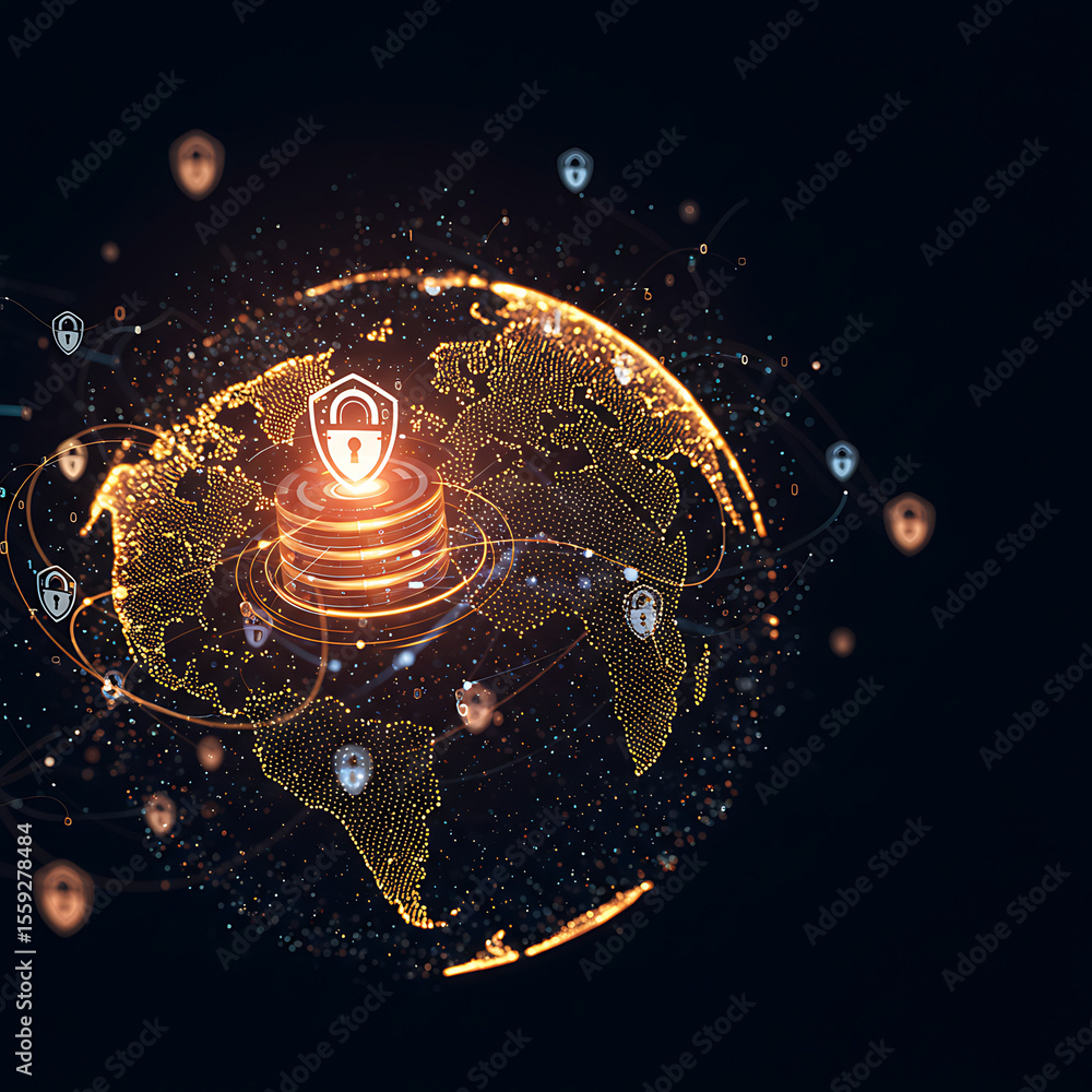 Poster a futuristic digital globe with a central security shield and network connections. a concept for glo