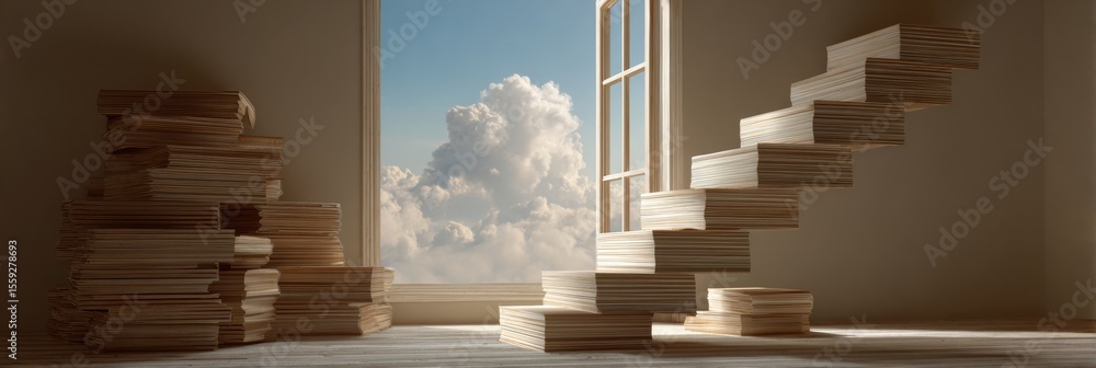 Poster Stack of Books Creating a Staircase Leading to a Wide Open Window Revealing a Beautiful Sky With Clouds