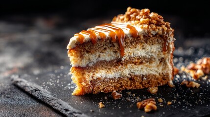 Fototapeta premium Slice of caramel walnut cake on a black marble surface, close-up with space for text