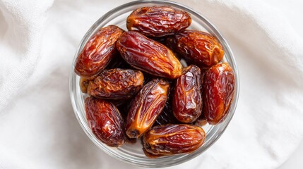 Top view of dried dates arranged in a glass bowl on a white surface