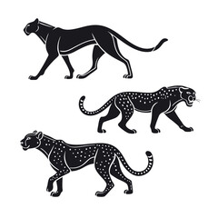 Fototapeta premium Elegant Big Cats Silhouette Illustrations of Leopard, Cheetah, and Cougar