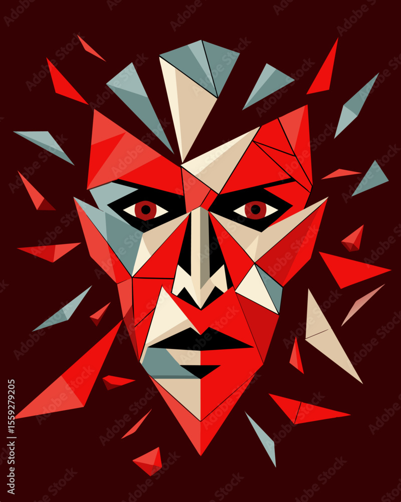 Poster the shattered pieces of a mirror arranged in the shape of a face the jagged edges and broken reflect
