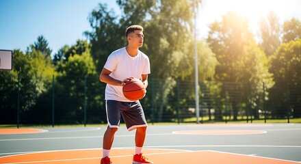 Obraz premium A young man in a white shirt dribbling a basketball on an outdoor court on a sunny day with trees behind