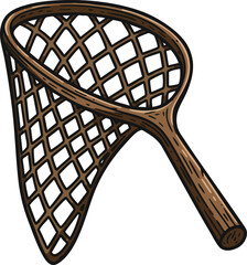 Wooden fishing net with woven mesh handle for catching fish in rivers or lakes detailed vector illustration