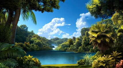 Serene Lagoon Oasis, tranquil waters embraced by vibrant greenery, a perfect retreat for nature lovers seeking peace and beauty.