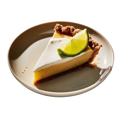 Creamy lime pie slice on beige plate, garnished with lime wedge, showcasing golden crust and smooth filling, evoking refreshing dessert experience