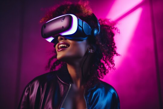 Young woman enjoys immersive gaming experience with vr headset, illuminated by vibrant neon lights, expressing excitement and wonder