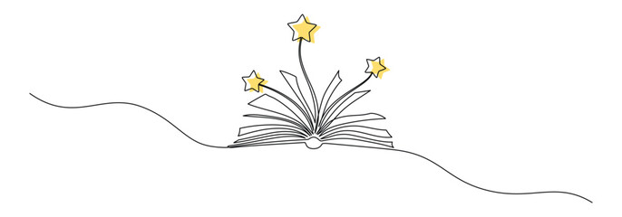 Opened book with flying page and stars in one continuous line drawing. Magic of reading and children library concept in simple linear style. Editable stroke. Doodle vector illustration