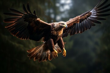 Fototapeta premium Golden eagle flying in the forest, showing its powerful wings and talons